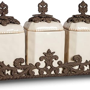 Cream Ceramic 3-Piece Canisters With Provincial Metal Base
