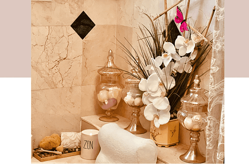 create spa escape room at home with these 12 essentials relax rae dunn zen yoga meditation bathroom makeover apothecary jars bath bombs luxury soaps led candles wood bath salt scoops orchids vintage pottery ikea hack