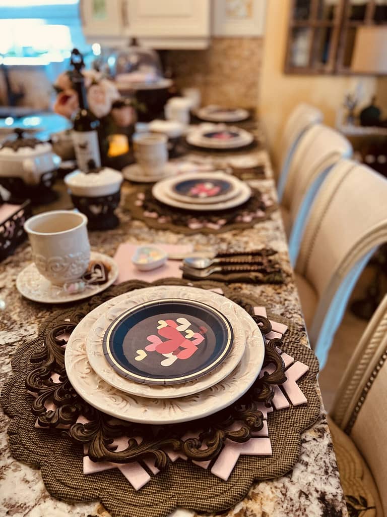 Navy with pink hearts Valentine's Day table setting
