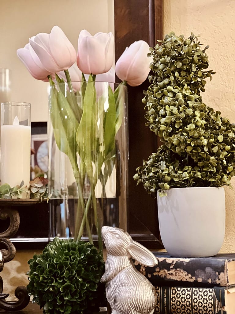 spring decor tulips topiaries silver bunny