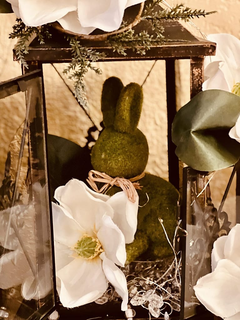 Dollar tree moss covered bunny rabbit Easter spring décor lantern
