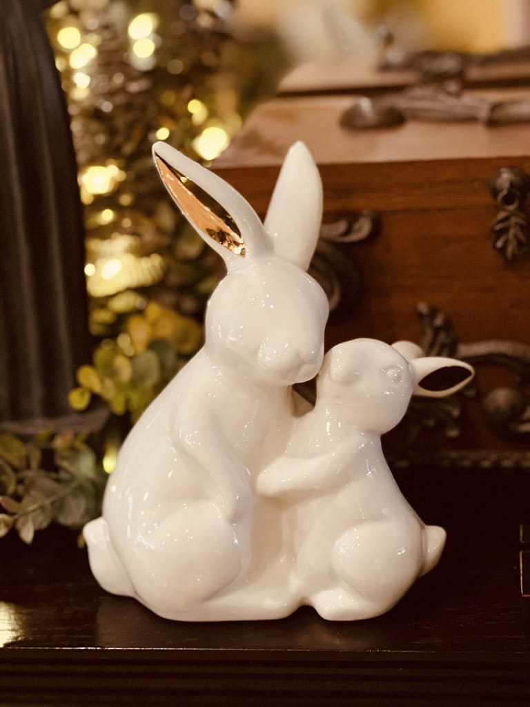 spring bunny decor mom and baby ceramic figure with gold painted ears