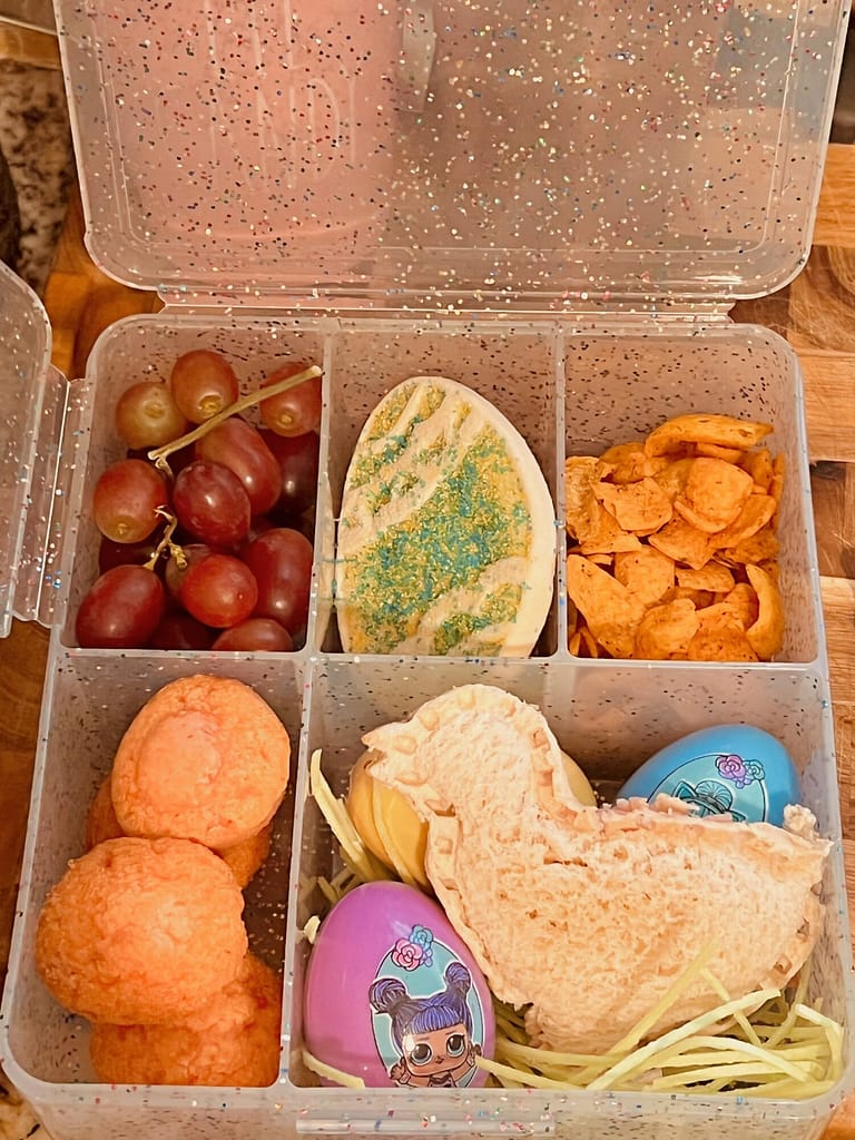 Bento Box lunch fruit cutouts surprise egg chick shape sandwich