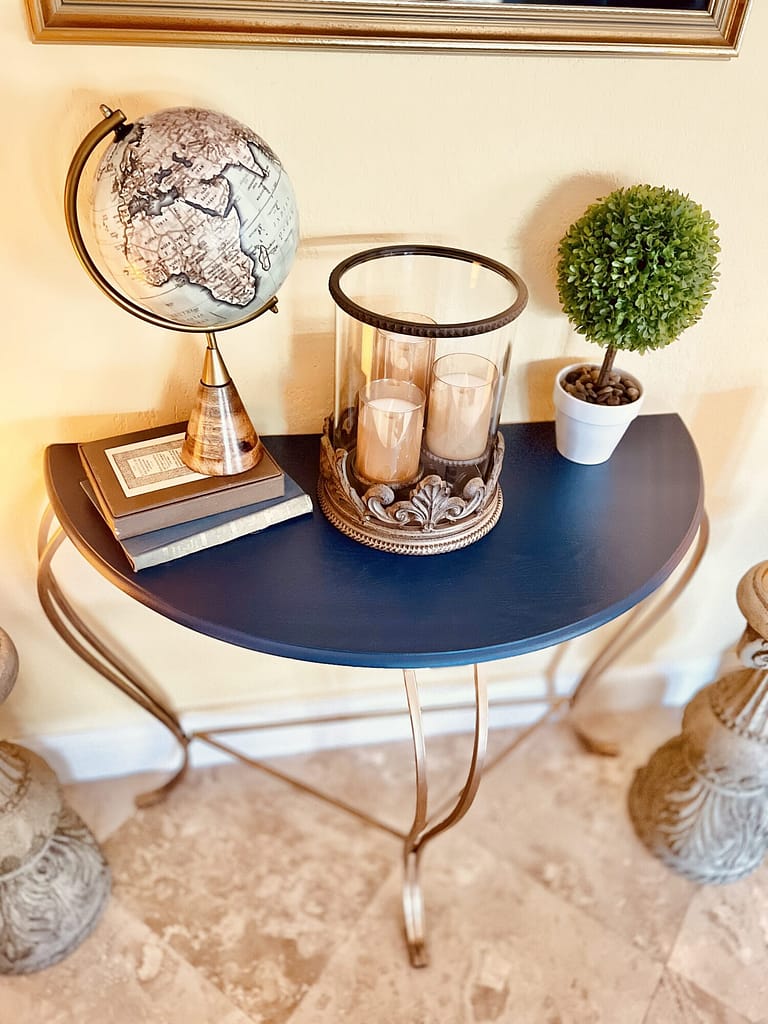 brown half moon console table metal legs painted navy blue and gold GILDING WAX gg collection