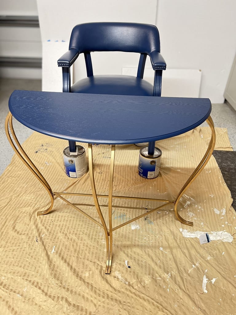 brown office half moon console table metal legs painted navy blue and gold