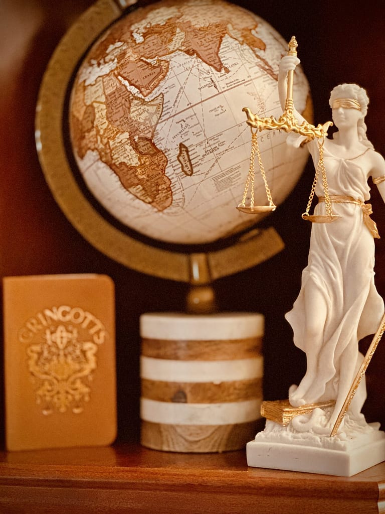 Harry Potter Hogwarts Office Décor Gringotts Bank Bookshelf globes Lady Justice statue