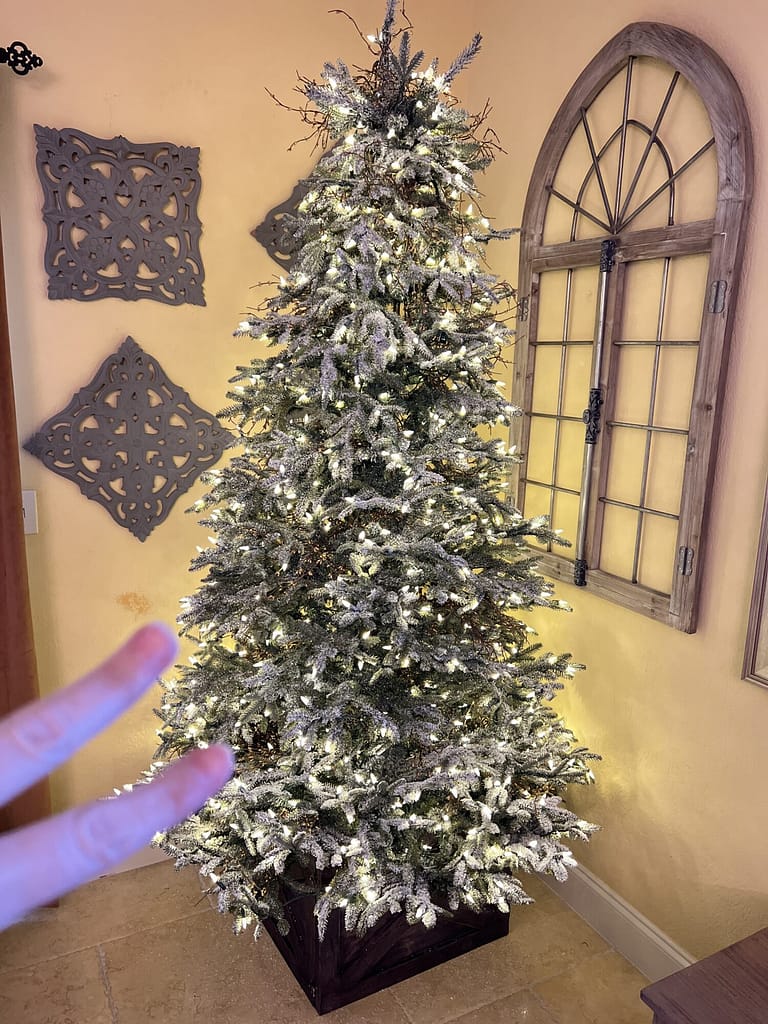Balsam Hill flocked 7 foot tall Christmas Tree with white and color changing lights