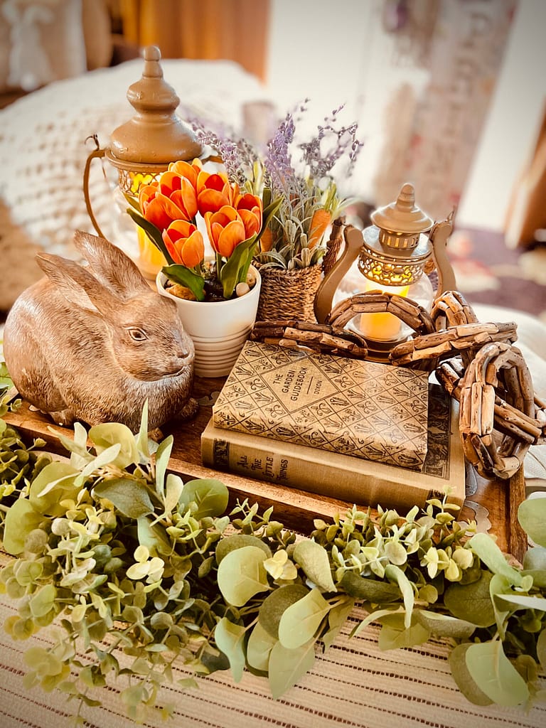 tulips lavender centerpiece coffee table ottoman stacked book boxes rabbit Spring Easter Decor with Lantern wood ring chain link decor Spring wood sign eucalyptus garland