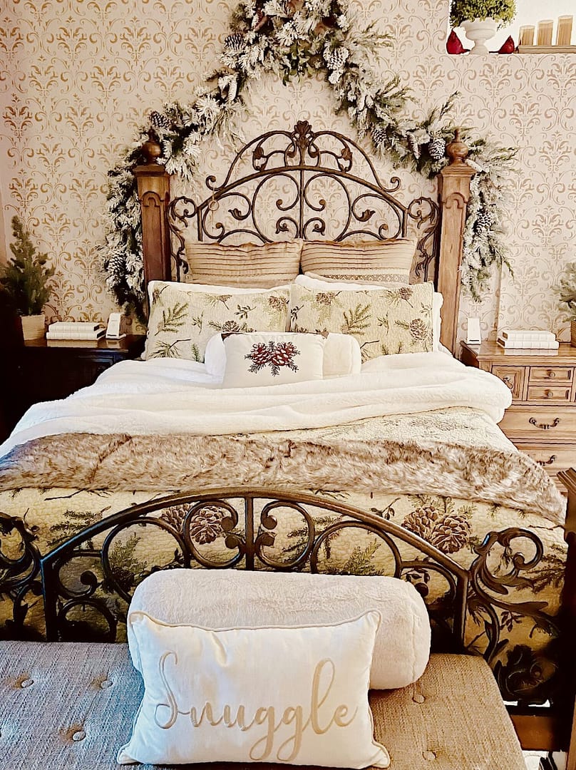 luxurious cozy lodge winter Christmas home bedding pine trees garland faux fur throw blankets winter wonderland bedroom louis vuitton décor