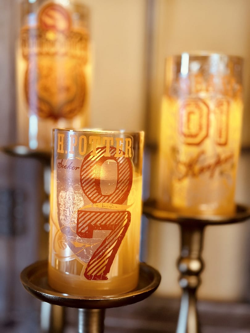 Hogwarts Harry Potter Quidditch Candles LED flickering soft glow on brass candle sticks