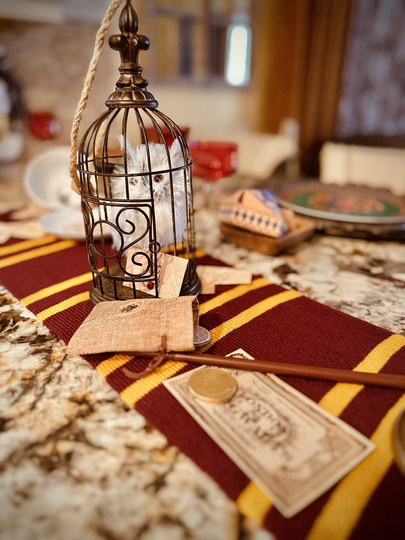 Hogwarts Harry Potter Quidditch Candles LED flickering soft glow on brass candle sticks owl in cage grimm teacup