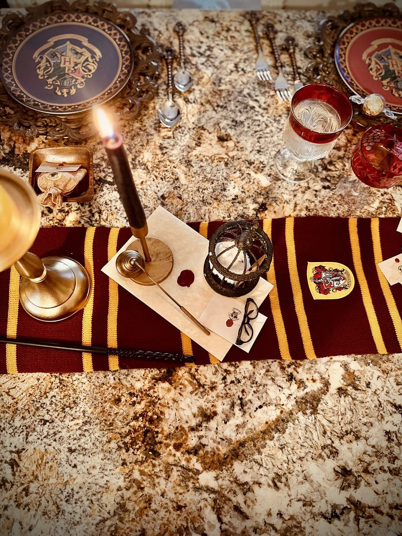 Hogwarts Harry Potter Quidditch Candles LED flickering soft glow on brass candle sticks table centerpiece hogwarts letters