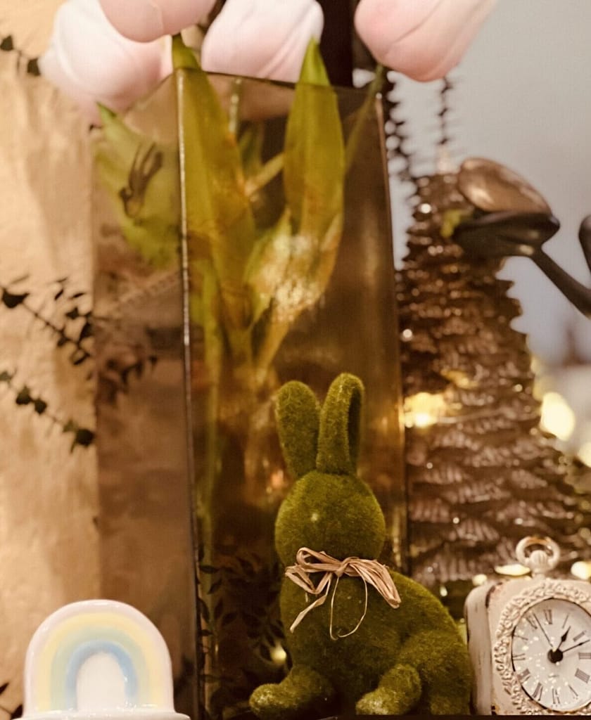 tulips flowers Easter moss bunny Rae Dunn over the rainbow Stonebriar Small 4 Inch Decorative Table Top Clock blue egg gold tree
