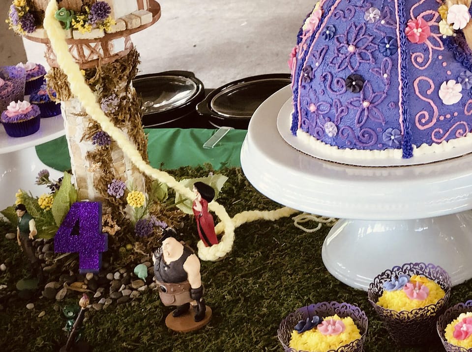 Rapunzel doll birthday party tower table view buttercream cake DIY Tangled