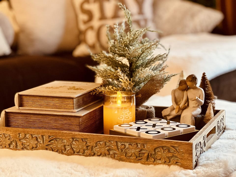 Cozy Flickering Candles, little snow covered trees. X&O Willow Creek book boxes décor winter
