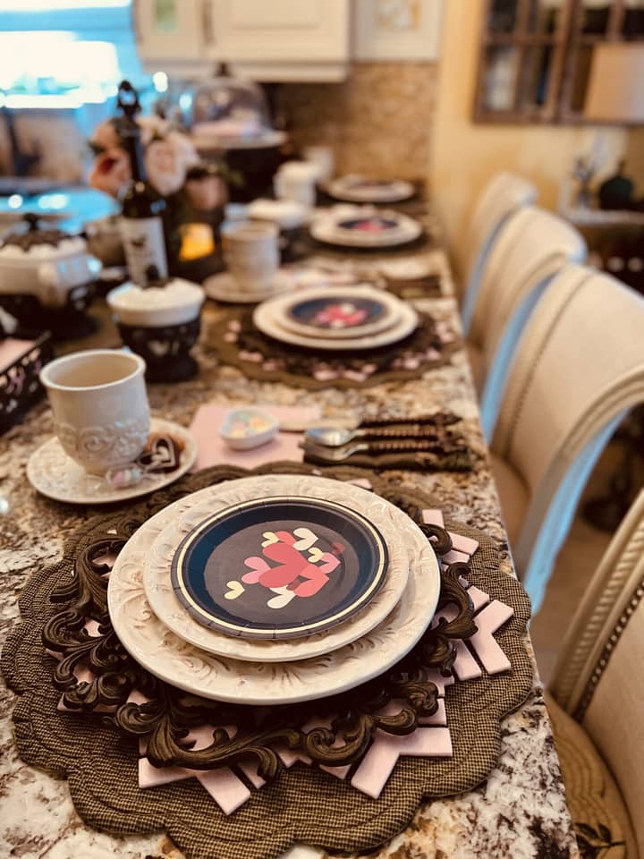 Navy with pink hearts Valentine's Day table setting